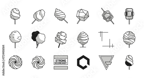 Geometric cotton candy and lollipop icons; minimalist grayscale design.