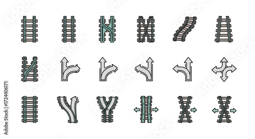 Collection of diverse railway track and road junction icons, illustrating various directions and crossings.