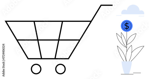 Shopping cart with wheels next to a plant growing a dollar coin, symbolizing economic growth, online shopping, investment, and sustainability. Ideal for e-commerce, financial planning, economic