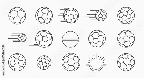 A collection of minimalist handball ball line icons, showcasing various angles and motion.