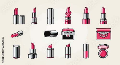 Collection of various lipstick tubes and cosmetic accessories, arranged artfully on a light background.