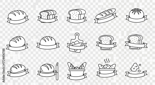 Line art illustrations of various bread types, including loaves, slices, and rolls, each with a banner.