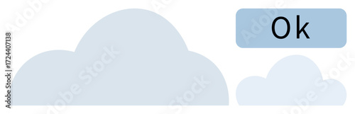Large and small clouds represent data synchronization or storage with a confirmation pop-up reading Ok. Ideal for data exchange, cloud computing, backup, technology, networking, communication, simple