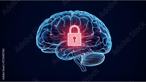 Intellectual property and data protection concept, a glowing brain secured by a digital padlock