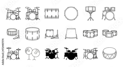 A collection of drum kit illustrations, showcasing various configurations and individual drum components.