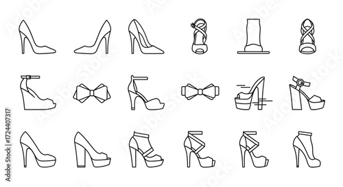 A collection of various women's high-heeled shoes, displayed in a line art style.