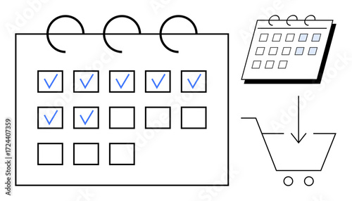 Calendar grid with blue checkmarks, spiral binding, arrow pointing to shopping cart. Ideal for scheduling, task management, e-commerce, productivity, planning, organization simple flat metaphor