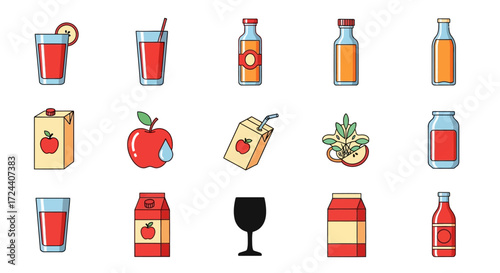 Assortment of various juice containers and glasses, along with fresh apple fruit.
