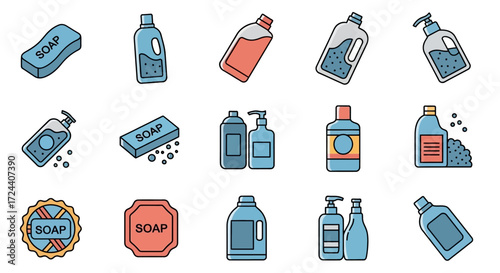 A collection of various soap and liquid detergent bottles and bars, presented as illustrations.