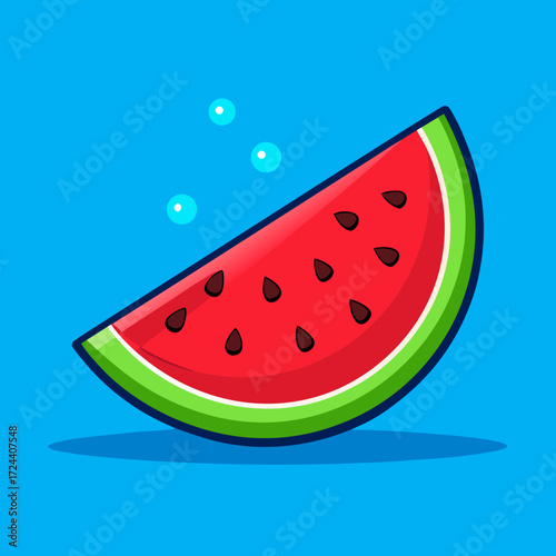 Juicy slice of watermelon with vibrant red flesh and black seeds, on a vibrant blue background. Summer concept, fresh fruit, bright lighting, water droplets, refreshing and sweet.