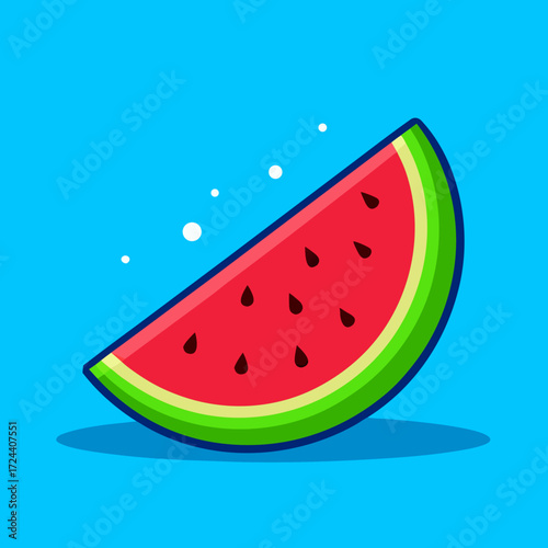 Juicy slice of watermelon with vibrant red flesh and black seeds, on a vibrant blue background. Summer concept, fresh fruit, bright lighting, water droplets, refreshing and sweet.