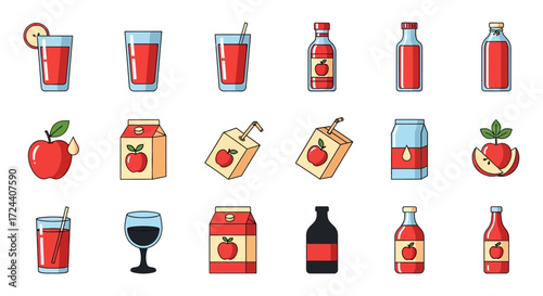 Collection of various containers holding red apple juice, including glasses, bottles, cartons, and cans.