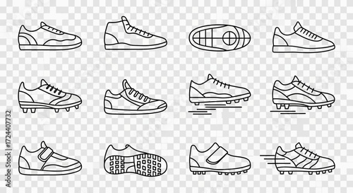 A set of twelve line art illustrations depicting various athletic shoes, including sneakers and cleats, on a transparent background.