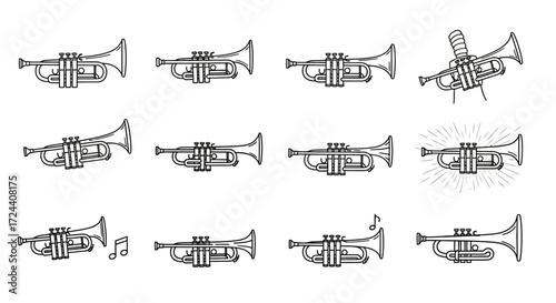 A collection of twelve stylized trumpet illustrations, showcasing various angles and playing actions.