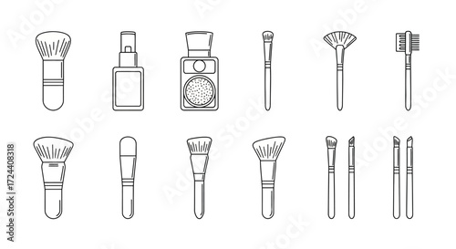 Collection of hand-drawn makeup brushes, cosmetic spray bottle, and perfume bottle.