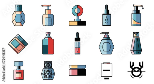 A collection of colorful, stylized icons depicting various cosmetic and beauty product containers.