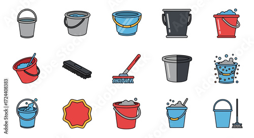 A collection of diverse bucket icons, illustrating cleaning supplies and tools.