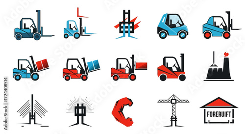 A collection of colorful, stylized illustrations of forklifts and industrial machinery, designed for various applications.