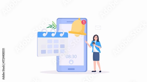 Smartphone with alarm clock reminder message on screen. Alert notification with notification bell. Important reminder. video animation 4k clip