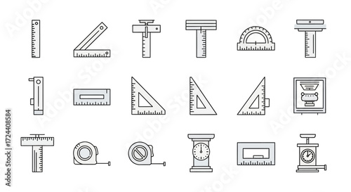 A set of linear icons depicting various measuring tools and instruments for length, angles, and leveling.