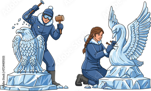 Ice sculptors carving artwork, winter festival art creation, frozen sculpture design, skilled artists working with tools, creative snow and ice exhibition