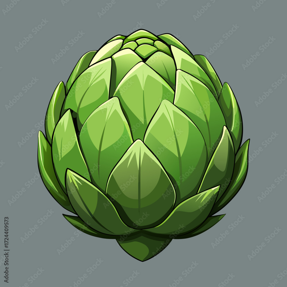 Obraz premium Single whole artichoke on a textured gray concrete background. Angular top-down view, showing intricate leaf pattern, natural light, fresh vegetable, gourmet cooking ingredient.
