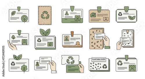 A collection of eco-friendly business cards and identification badges showing recycling symbols, leaves, and human figures.