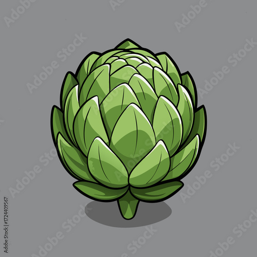 Single whole artichoke on a textured gray concrete background. Angular top-down view, showing intricate leaf pattern, natural light, fresh vegetable, gourmet cooking ingredient.