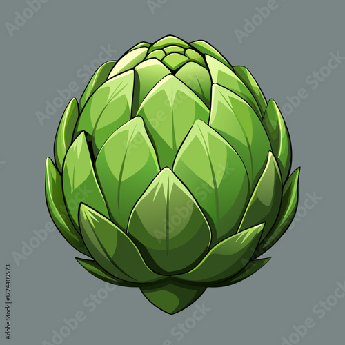 Single whole artichoke on a textured gray concrete background. Angular top-down view, showing intricate leaf pattern, natural light, fresh vegetable, gourmet cooking ingredient.