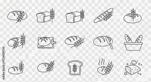 Collection of simple line art illustrations depicting various types of bread and wheat.