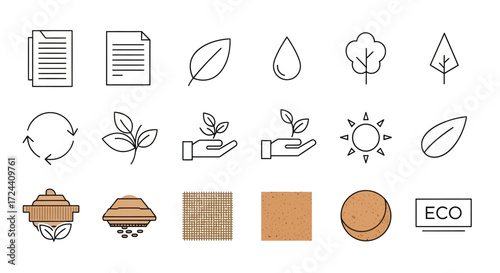 Eco-friendly icons depicting sustainability, recycling, and natural materials.