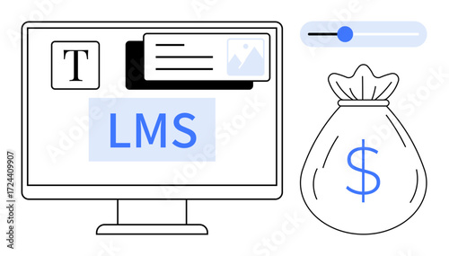 Computer screen displays LMS interface with text editor, image upload, and slider for settings. Money bag reflects financial aspects. Ideal for education, e-learning, finance, business, design user
