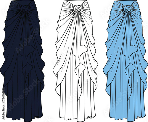 Fashion flat technical sketch of pleated maxi skirt with side draping and tie detail, elegant clothing design, vector illustration, CAD drawing.