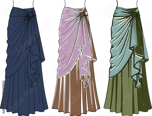 Fashion flat technical sketch of pleated maxi skirt with side draping and tie detail, elegant clothing design, vector illustration, CAD drawing.