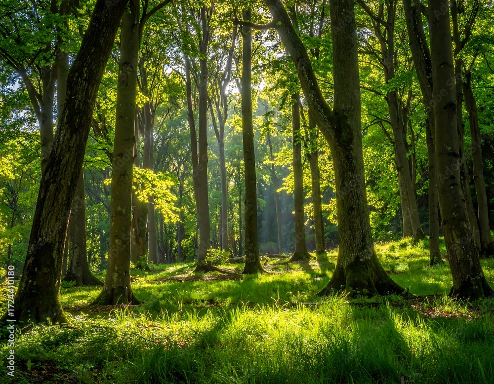 Fototapeta premium Sunlight streams through a lush forest (1)