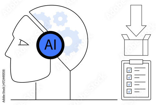 Human profile with AI concept gears, checklist with blue checkmarks, and box with downward arrow. Ideal for technology, automation, machine learning, project management, organization, innovation