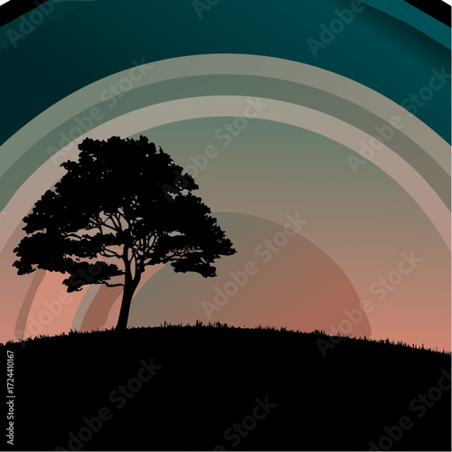 solitary tree in open field beneath a pastel sky; crisp Bézier paths outline trunk, branches, and horizon; soft radial gradient washes sky 