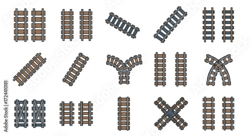 A set of railway track illustrations, showcasing various configurations and angles on a white background.