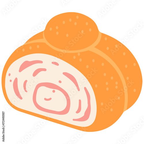 Swiss roll cake with pink filling illustration, perfect for dessert menu, bakery design, tea time, and sweet treat concept.
