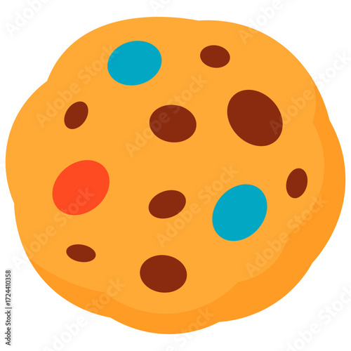 Chocolate chip cookie illustration with colorful candies, perfect for dessert menu, bakery poster, kids snack, and sweet treat concept.
