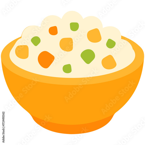 Bowl of cooked rice with vegetables illustration, perfect for Asian cuisine, lunch menu, restaurant design, and healthy meal concept.
