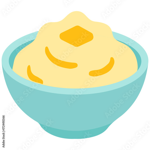 Creamy mashed potatoes illustration with butter topping, perfect for dinner menu, comfort food design, restaurant poster, and holiday meals.
