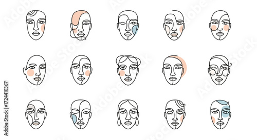 Abstract line art portraits of diverse female faces, showcasing minimalist design elements.