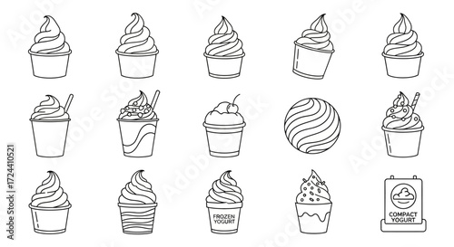 A collection of line art frozen yogurt icons, showcasing various serving styles and toppings.