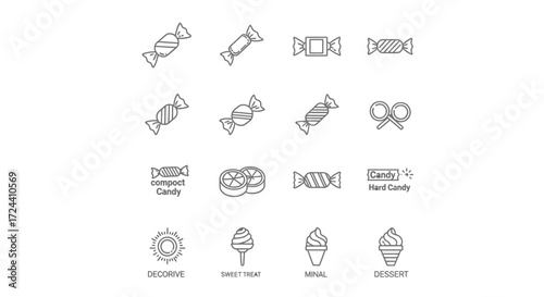 Line art illustration of various candies and sweet treats arranged in a grid.