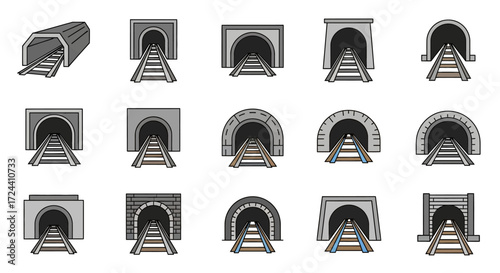 Collection of cartoon railway tunnel entrances with varying shapes and designs, showcasing perspective views of tracks leading into the tunnels.