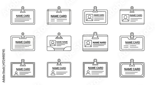 Twelve different name tag badge designs with clips, depicted as line art illustrations on a white background.