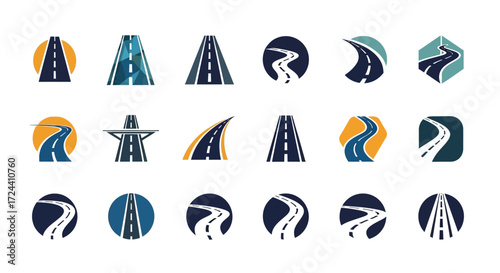 Collection of road logo designs featuring various perspectives and shapes, rendered in blue, white, and yellow colors.