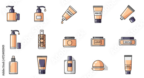 Collection of various cosmetic containers, illustrated in a flat design style, showcasing different types of skincare and beauty products.