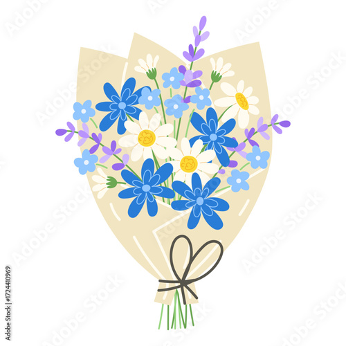 A bouquet of blue and white flowers tied with a ribbon